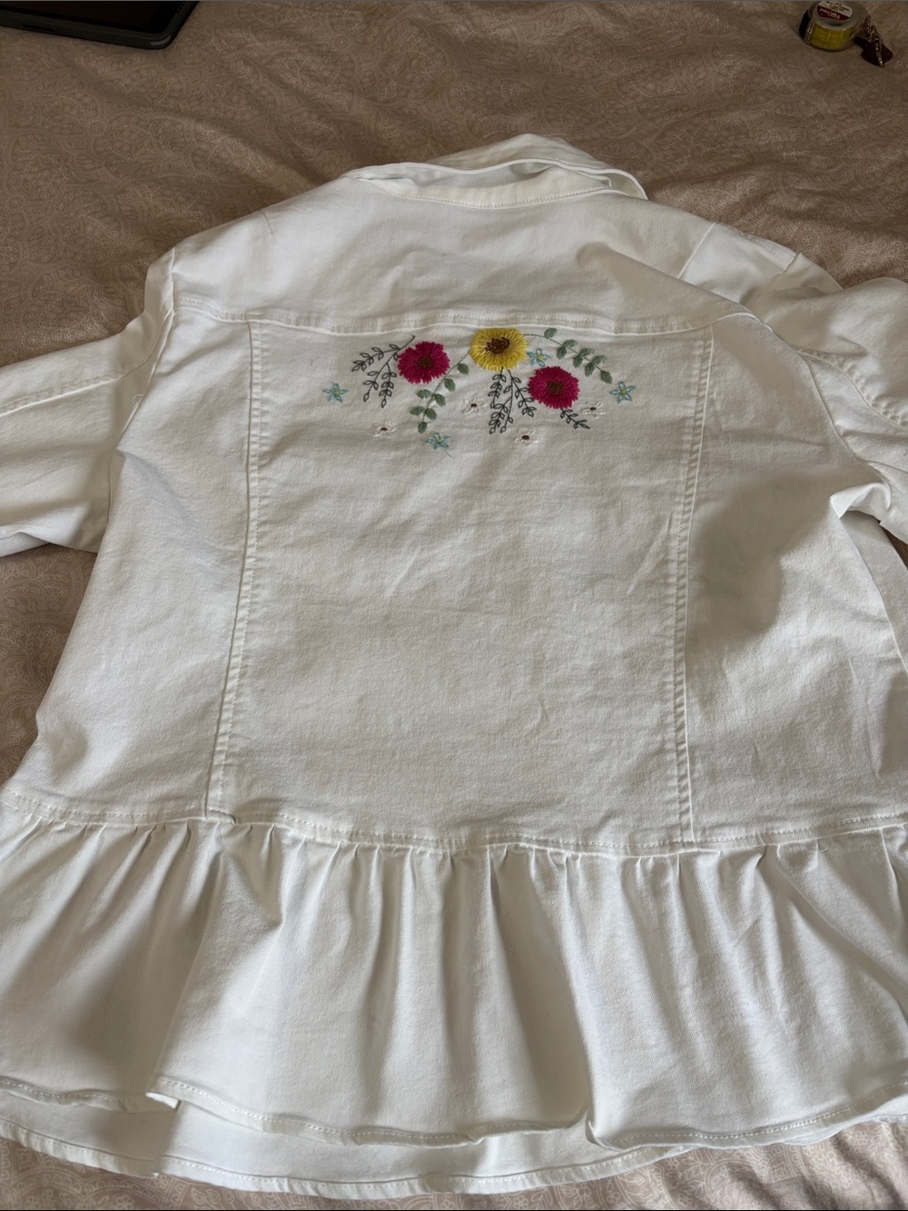 Nina Leonard White Jean  Jacket with Pink & Yellow Floral Embroidery on the back